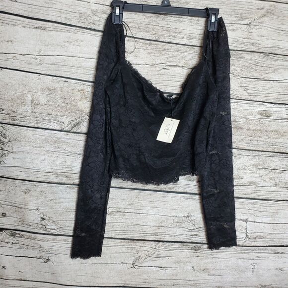 GUESS Woman’s SHEER LACE LONG SLEEVE CROP TOP BLOUSE SIZE L $79 Black NEW - Picture 1 of 6